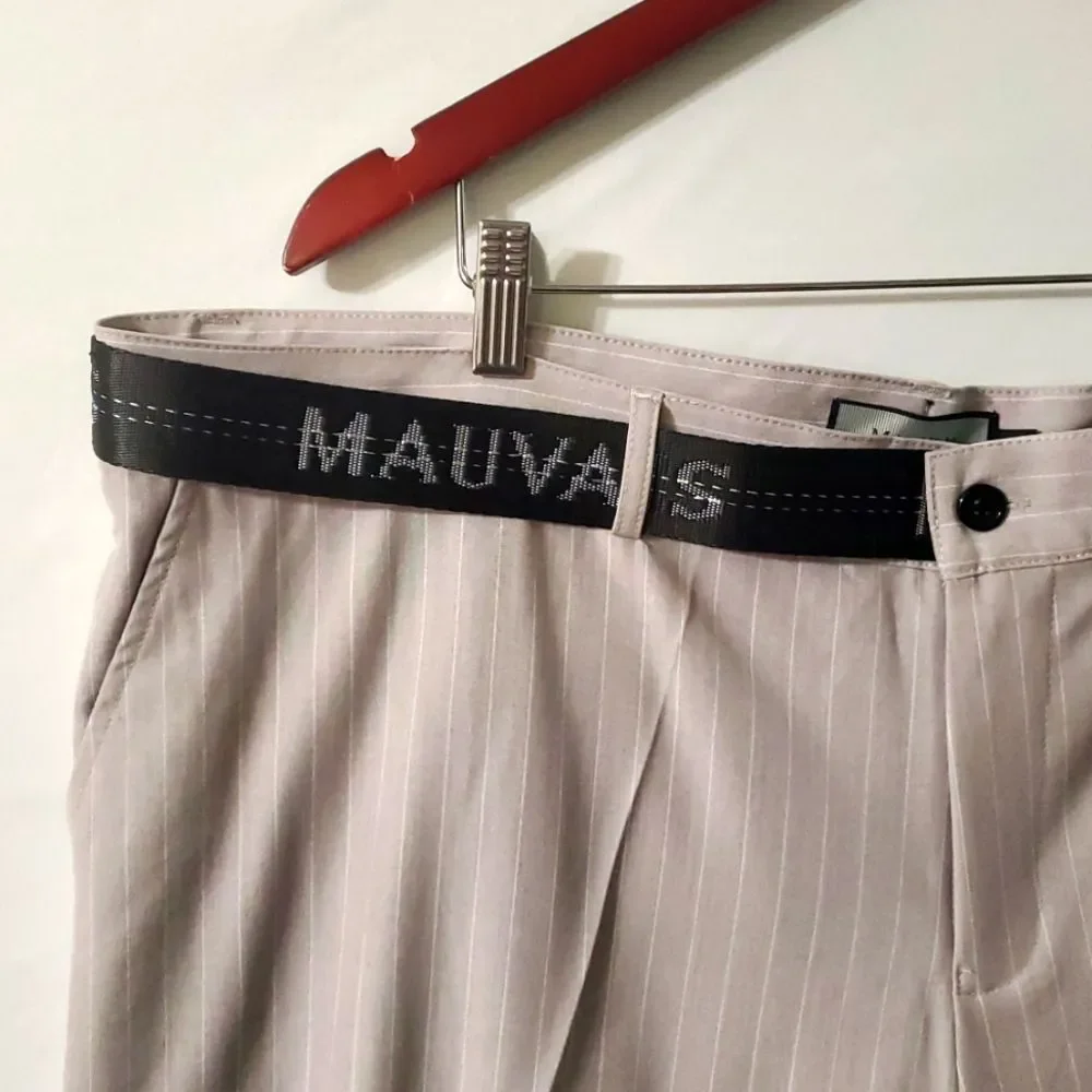 Mauvais‎ Pinstripe Half Logo Belt Tapered Trouser Pants Sz 42 Nwt